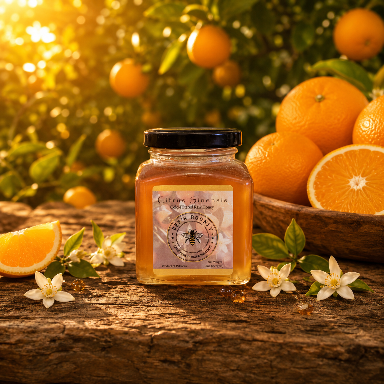 Jar of honey with a label in front of oranges and orange blossoms on a wooden surface.
