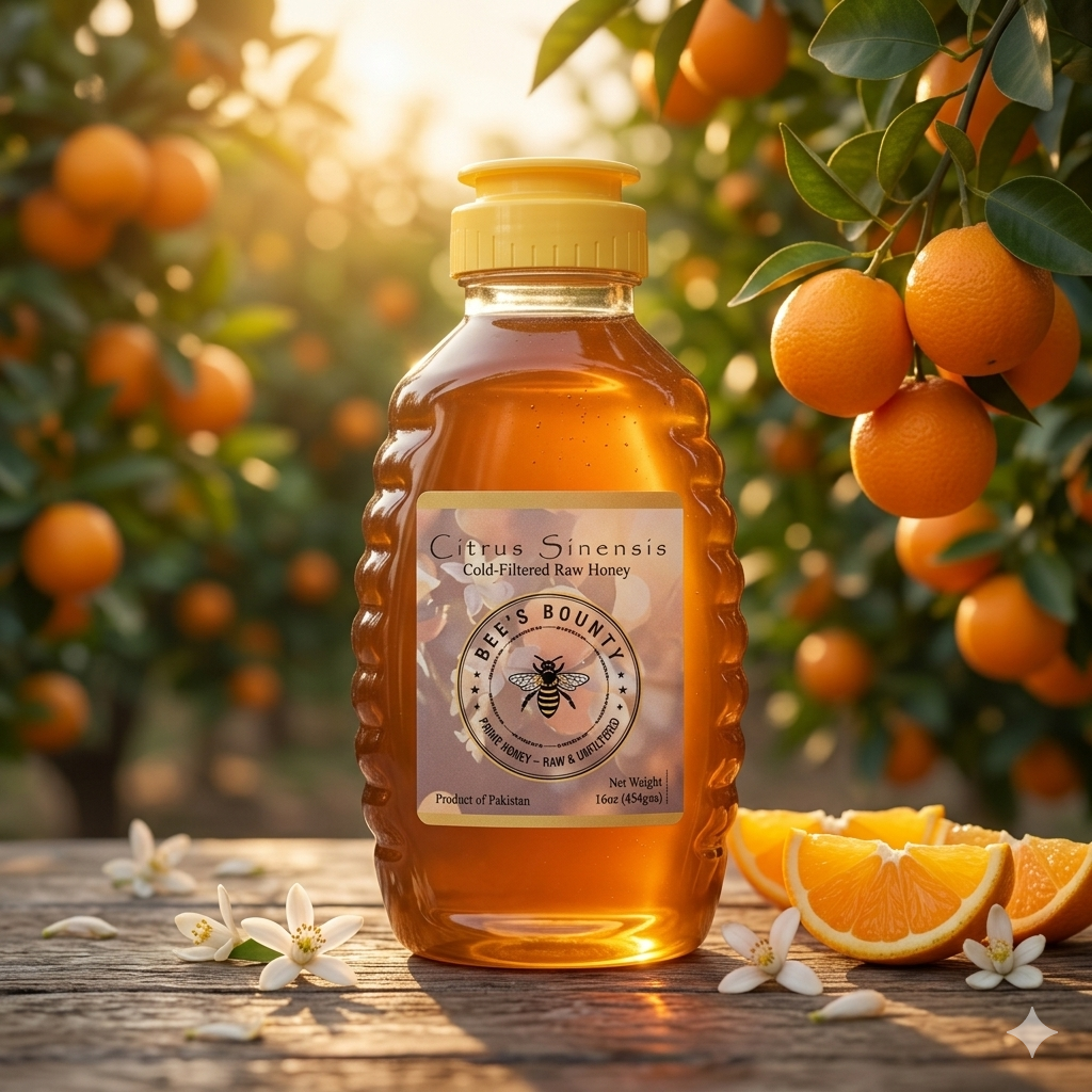 Bee's Bounty honey bottle with oranges and flowers in the background