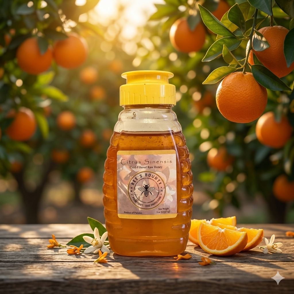 Beekeeper's Bounty honey bottle with oranges and honeycomb on a wooden surface