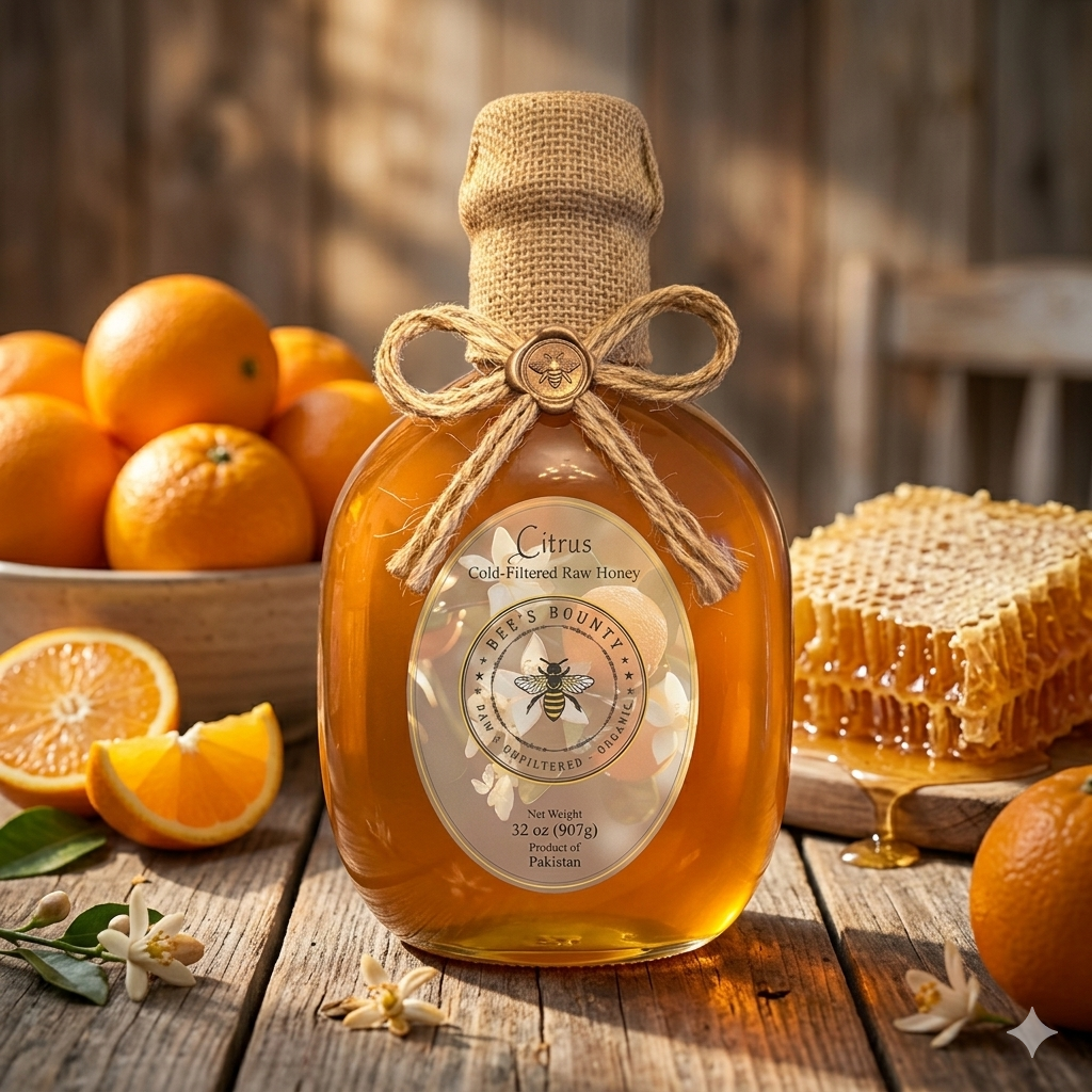 Bee's Bounty Citrus honey bottle with oranges and honeycomb on a wooden surface